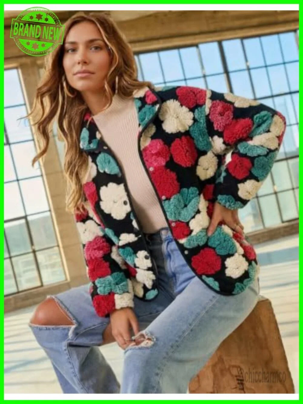 Women's Floral Fleece Shacket Button Down Sherpa Fall Winter Jacket